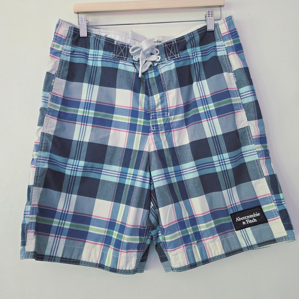 Abercrombie & Fitch Board Shorts Blue Plaid Swim Trunks Mens Size Large